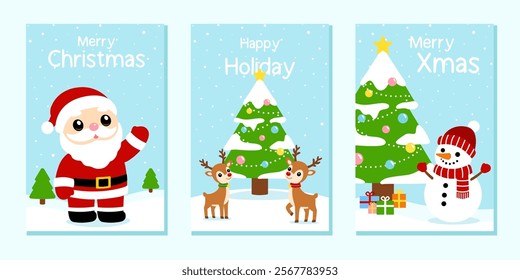 Merry Christmas and Happy New Year greeting card with cute Santa Claus, deer, snowman and Christmas tree vector.