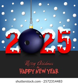 Merry Christmas and Happy New Year. Number 2025 and bowling ball as a Christmas decorations hanging on strings amid falling snow on a mirror surface. Pattern for greeting card. Vector illustration