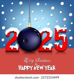 Merry Christmas and Happy New Year. Number 2025 and bowling ball as a Christmas decorations hanging on strings amid falling snow on a mirror surface. Pattern for greeting card. Vector illustration