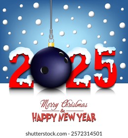 Merry Christmas and Happy New Year. Number 2025 and bowling ball as a Christmas decorations hanging on strings amid falling snow on a mirror surface. Pattern for greeting card. Vector illustration