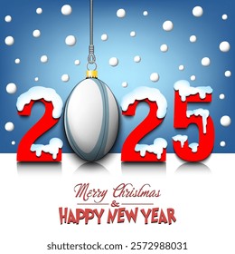 Merry Christmas and Happy New Year. Number 2025 and rugby ball as a Christmas decorations hanging on strings amid falling snow on a mirror surface. Pattern for greeting card. Vector illustration