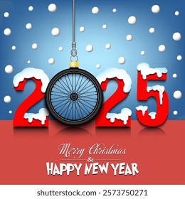 Merry Christmas and Happy New Year. Number 2025 and bike wheel as a Christmas decorations hanging on strings amid falling snow on a mirror surface. Pattern for greeting card. Vector illustration