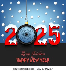 Merry Christmas and Happy New Year. Number 2025 and bike wheel as a Christmas decorations hanging on strings amid falling snow on a mirror surface. Pattern for greeting card. Vector illustration