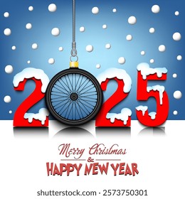 Merry Christmas and Happy New Year. Number 2025 and bike wheel as a Christmas decorations hanging on strings amid falling snow on a mirror surface. Pattern for greeting card. Vector illustration