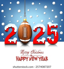 Merry Christmas and Happy New Year. Number 2025 and football ball as a Christmas decorations hanging on strings amid falling snow on a mirror surface. Pattern for greeting card. Vector illustration