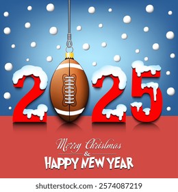 Merry Christmas and Happy New Year. Number 2025 and football ball as a Christmas decorations hanging on strings amid falling snow on a mirror surface. Pattern for greeting card. Vector illustration