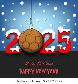 Merry Christmas and Happy New Year. Number 2025 and handball ball as a Christmas decorations hanging on strings amid falling snow on a mirror surface. Pattern for greeting card. Vector illustration