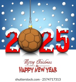 Merry Christmas and Happy New Year. Number 2025 and handball ball as a Christmas decorations hanging on strings amid falling snow on a mirror surface. Pattern for greeting card. Vector illustration