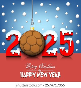 Merry Christmas and Happy New Year. Number 2025 and handball ball as a Christmas decorations hanging on strings amid falling snow on a mirror surface. Pattern for greeting card. Vector illustration