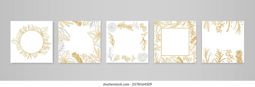 Merry Christmas, Happy New Year floral frames with elegant luxury gold elements for greeting card. Winter nature wreath border with leaves, berries, spruce cones and brunches decor vector illustration