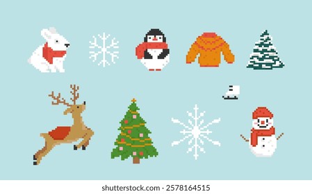 Merry Christmas and Happy New Year decorative sticker elements set in pixel art mosaic style. Cute snowman, xmas fir tree, spruce under snow, sweater, reindeer, penguin, rabbit vector illustration