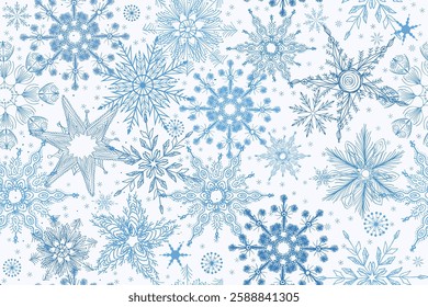 Merry Christmas, Happy New Year seamless pattern with snowflakes for greeting cards, wrapping paper. Doodles. Seamless winter pattern on white background. Vector illustration.