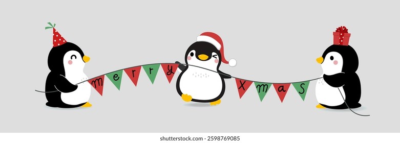 Merry Christmas and happy new year with cute little penguins in party hat and xmas flag.  -Vector