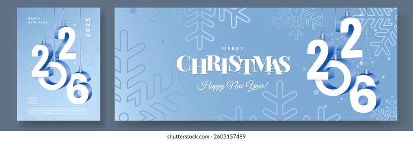 Merry Christmas and Happy New Year 2026 greeting card, banner set. Luxury Xmas modern winrer design with typography, snowflakes on blue background