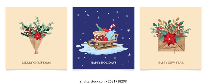 Merry Christmas. Happy New Year. Happy holidays. Santa's sleigh with gifts. Vector illustration for social media post, banner, cover, poster, cards.