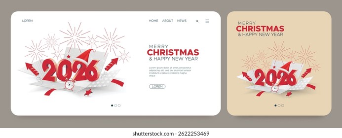 Merry Christmas and Happy New Year 2026 with 3D numbers on opened gifts and fireworks. Merry Christmas and Happy New Year 2026 celebration design concept for web, card, calendar and social media post 