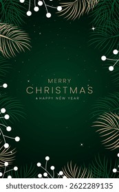 Merry Christmas and Happy New Year. Greeting card or invitation template with golden Christmas tree background. Luxury christmas invitation card art deco design vector.