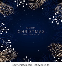 Merry Christmas and Happy New Year. Greeting card or invitation template with golden Christmas tree background. Luxury christmas invitation card art deco design vector.