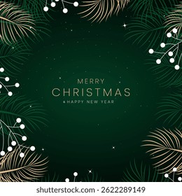Merry Christmas and Happy New Year. Greeting card or invitation template with golden Christmas tree background. Luxury christmas invitation card art deco design vector.