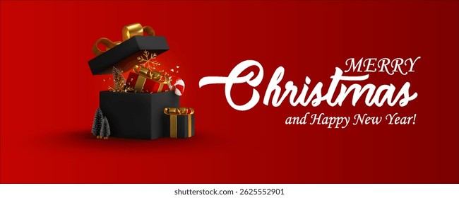 Merry christmas and happy new year greeting red background. golden xmas pine tree and decorative holiday elements. vector illustration