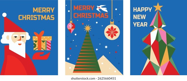 Merry Christmas and Happy New Year! Vector modern geometric abstract illustration of Santa Claus, christmas tree, fir tree toys and balls,  for greeting card, for congratulation 