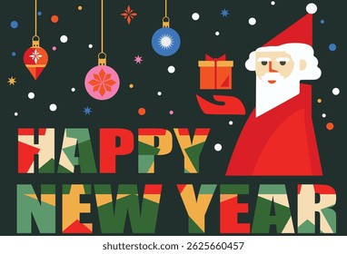 Merry Christmas and Happy New Year! Vector modern geometric abstract illustration of Santa Claus, christmas tree, fir tree toys and balls,  gift for greeting card, for congratulation 