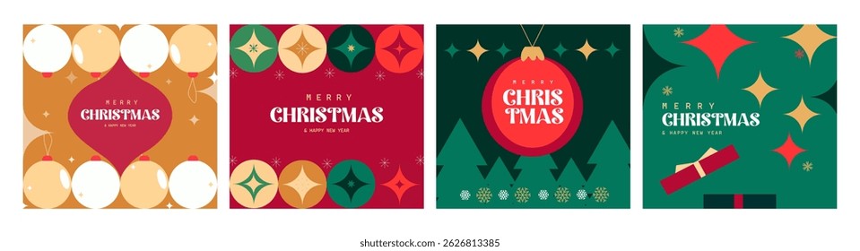 Merry Christmas and Happy New Year greeting cards set, covers or posters with holiday attributes. Christmas background. elegant Flat design