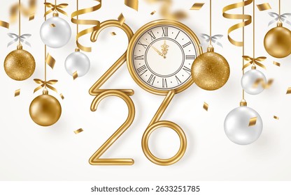 Merry Christmas and Happy New Year banner with hanging gold and white 3d baubles, confetti and 2026 numbers. Vector illustration. Winter holiday decorations, golden vintage clock. Place for text
