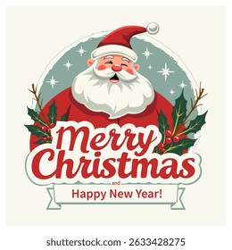 Merry Christmas and Happy New Year greeting card with Santa Claus. Vector illustration.