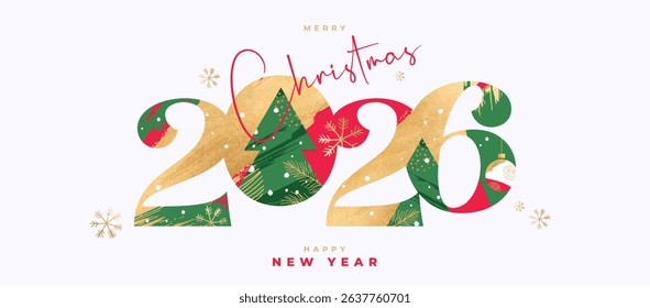 Merry Christmas and Happy New Year 2026 greeting card, poster, web banner, holiday cover. Xmas template in art style with gorgeous number 2026 design in gold, red and green colors for ads and promo