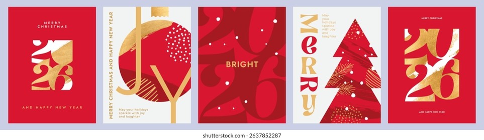 Merry Christmas and Happy New Year 2026 set of greeting card, poster, web banner, holiday cover. Xmas template in art style with gorgeous number 2026 design in gold and red colors for ads and promo