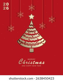 Merry Christmas and Happy New Year greeting card template set with paper cut-out Christmas trees on the red background. Modern Trendy Christmas Card. Perfect for banner and festive decoration.