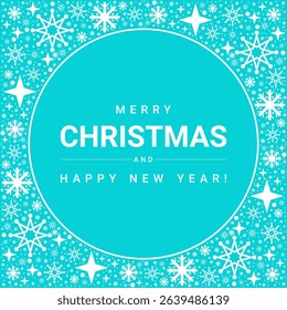 Merry Christmas and Happy New Year Greeting Card Vector with Snowflake Border and Winter Holiday Message on Blue Background	