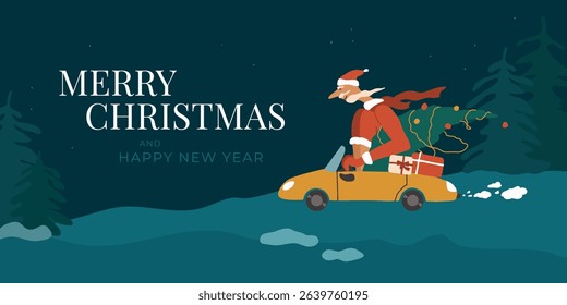 Merry Christmas and Happy new year vector postcard. Illustration of Santa Claus driving yellow car through night forest bringing decorated Christmas tree. Flat cartoon greeting card, banner, template
