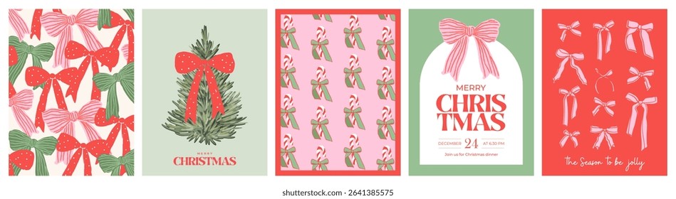 Merry Christmas and Happy New Year greeting card Set. Modern beautiful Xmas design with Christmas tree with red bow, candy cane and bows pattern, typography design. Minimal art banner, poster, cover