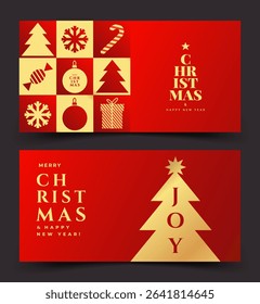 Merry Christmas and Happy New Year horizontal banner, cover, poster, greeting card set in modern simple geometric style in gold and red colors for season greetings, ads, sales, print