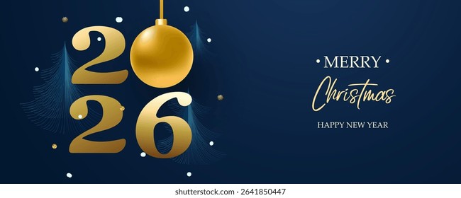 Merry Christmas and Happy New Year banner. Dark horizontal template creative design with golden Christmas tree balls, snow and numbers 2026. Vector illustration