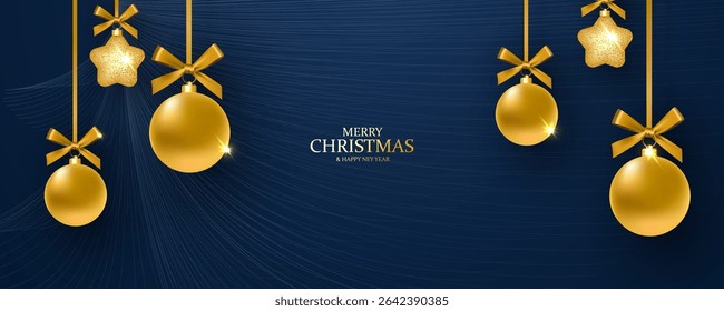 Merry Christmas and Happy New Year banner. Dark horizontal template creative design with golden Christmas tree balls, stars, snow. Vector illustration