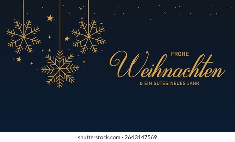 Merry Christmas and Happy New Year. Greeting card or invitation template with golden Christmas tree on blue background.
