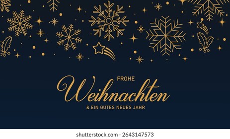 Merry Christmas and Happy New Year. Greeting card or invitation template with golden Christmas tree on blue background.