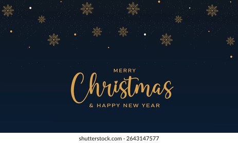 Merry Christmas and Happy New Year. Greeting card or invitation template with golden Christmas tree on blue background.