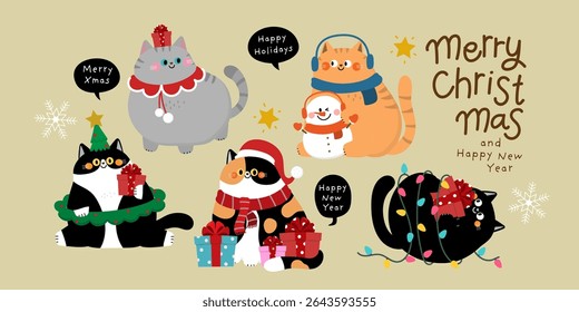 Merry Christmas and happy new year greeting card with cute fluffy cat wear winter costume. Animal holidays cartoon character. Funny kitten set. -vector