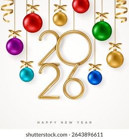 Merry Christmas and Happy New Year 2026 Banner, Xmas Tree Toys, Golden Baubles, Clock White Background. Vector illustration. Winter holiday template design, poster, flyer, pattern voucher