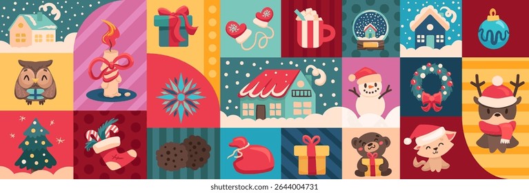 Merry Christmas and Happy New Year geometric pattern. Modern background with simple icons and cute elements. Winter square ornament for banner, wallpaper, packaging, card, cover, poster, advertising