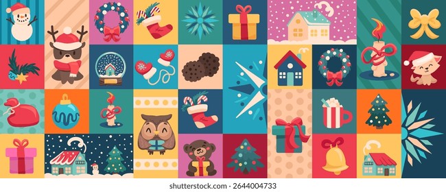 Merry Christmas and Happy New Year geometric pattern. Modern background with simple icons and cute elements. Winter square ornament for banner, wallpaper, packaging, card, cover, poster, advertising