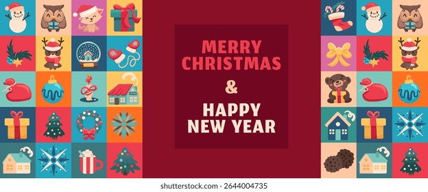 Merry Christmas and Happy New Year geometric pattern. Modern background with simple icons and cute elements. Winter square ornament for banner, wallpaper, packaging, card, cover, poster, advertising