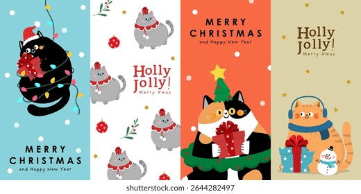 Merry Christmas and happy new year greeting card with cute fluffy cat wear winter costume. Animal holidays cartoon character. Funny kitten set. -vector
