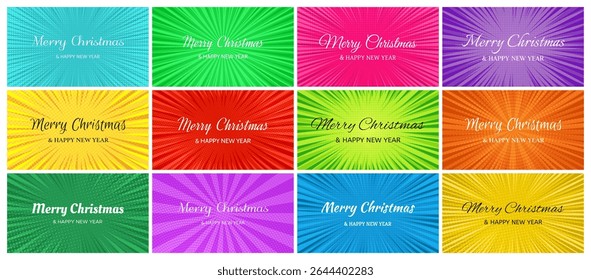 Merry Christmas and Happy New Year backdrop in pop art style. Big set of comic book halftone dotted backgrounds for Christmas holiday greeting cards. Vector illustration