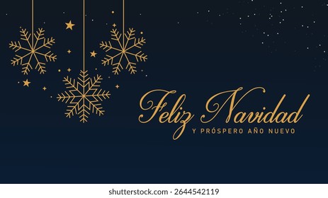 Merry Christmas and Happy New Year. Greeting card or invitation template with golden Christmas tree on blue background.