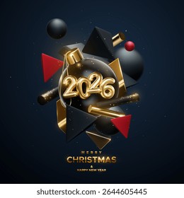 Merry Christmas and Happy New Year. Golden 2026 numbers with Christmas ball, flowing black, red and gold geometric 3d shapes. Vector holiday illustration. Winter festive poster or banner design